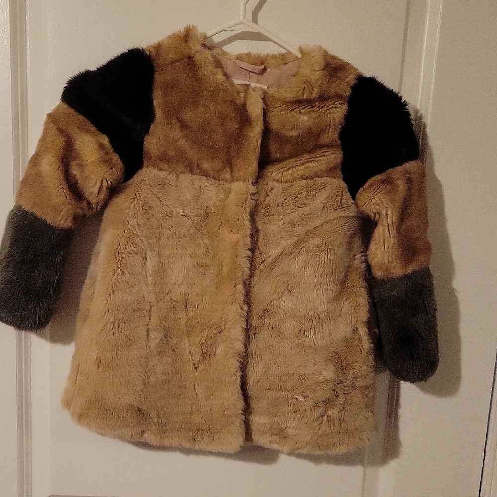 ZARA Girls' Faux Fur Patchwork Coat - Tan & Black